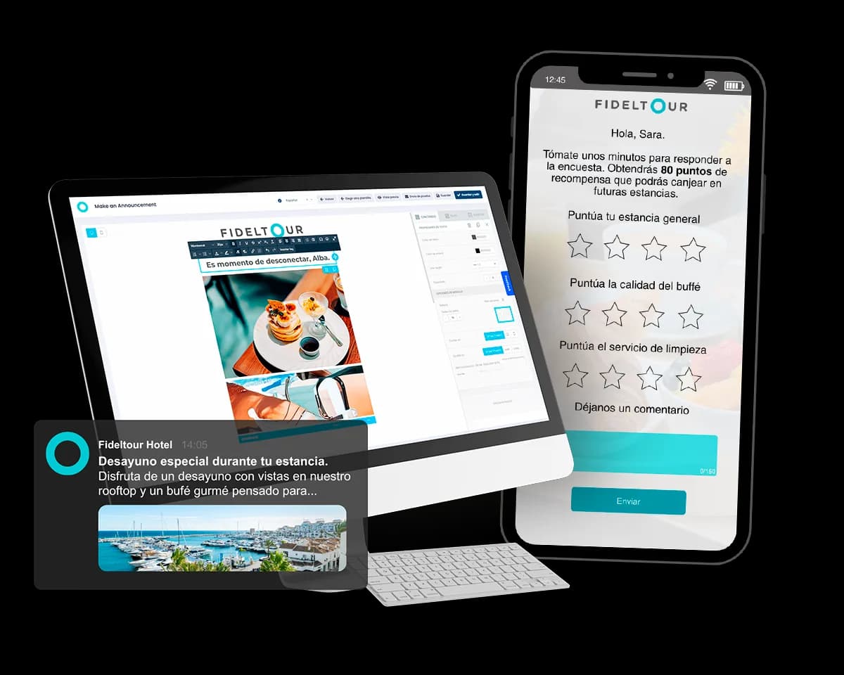 Mockup de Fideltour en escritorio, tablet y móvil